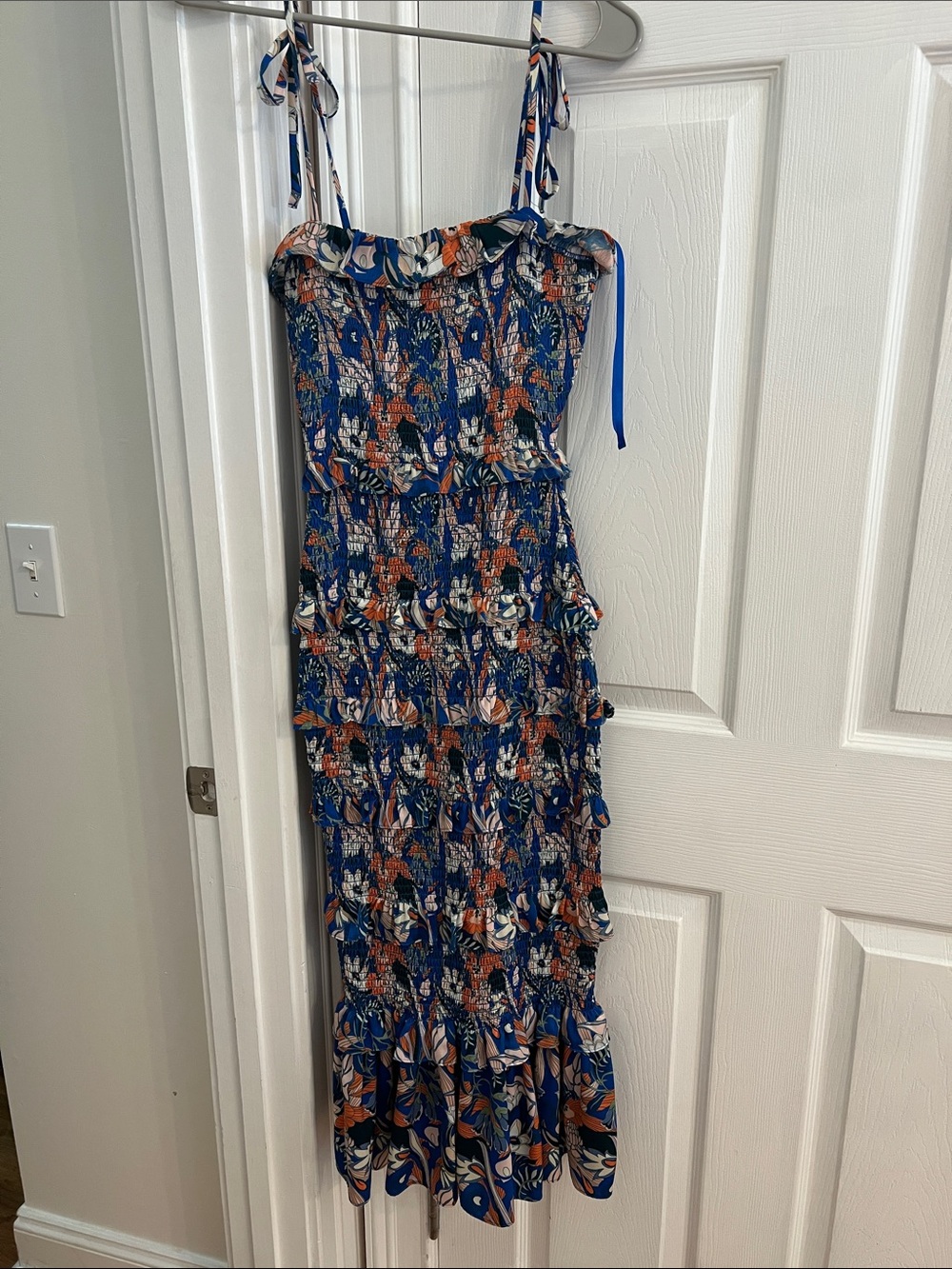 Gianni Bini Blue Floral Smocked Tiered Dress with Orange Accents